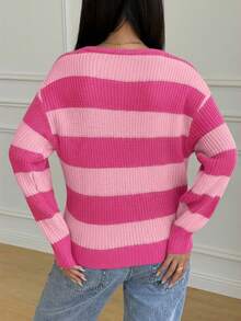 SHEIN Teenager Mädchen Lässig gestreifter Strickpullover, minimalistisch & modisch, geeignet für den täglichen Gebrauch, Herbst/Winter - Pink - Übersicht 2