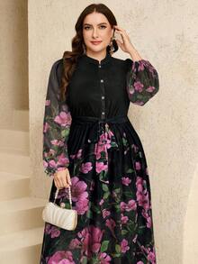 Veilorie Plus Size Elegant Floral Print Dress For Party - Black - View 5