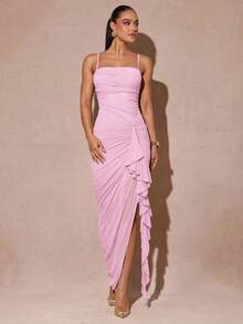 Silquee Baby Pink Plain Mesh Fabric Ladies Party Maxi Dress With Ruffle And Sleeveless Design Pink Wedding Guest Dress Pink Draped Dress Ruched Dress - Baby Pink - View 3