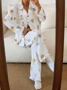 SHEIN 女士可爱波点小熊印花长袖睡衣套装 - 白色 - 查看 6