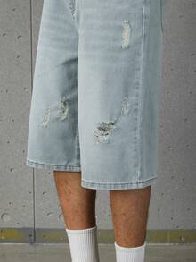 Teen Boys Wide Leg Denim Shorts, Vintage Light Blue Denim Single Piece, Spring/Summer New Arrival, Streetwear Campus Style, Outdoor Casual Fashion, Washed Comfortable Cotton Fabric, Versatile Minimalist Fashion Design, Distressed Ripped Loose Fit, Elastic Waistband, Campus Daily Party Outfit, Wardrobe Essential, Vacation Travel School Commute, New Arrival - Light Wash - View 5