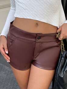 Chiquease Damen einfarbige Shorts mit Tasche, vielseitig einsetzbar, aus PU - Braun - Übersicht 6