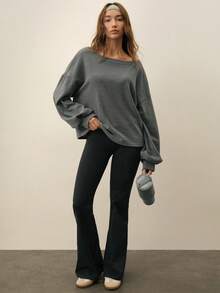 With My Calm 女士秋冬款磨毛超大圆领宽松版型慵懒肩部休闲运动套头卫衣，适合日常穿着、跑步、瑜伽 - 灰色 - 查看 5