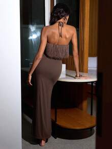 Opulessa Women's Solid Color Halter Sleeveless Backless Bodycon Dress With Tassel Decor, Sexy Christmas Party, Elegant New Year's Eve Outfits, Brown Elegant Vacation Clothes