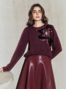 Anewsta Elegant Chic Autumn/Winter Sweater With Embroidered Sequin & Rhinestone Floral Decor, Round Neck - Bold Plum - View 7