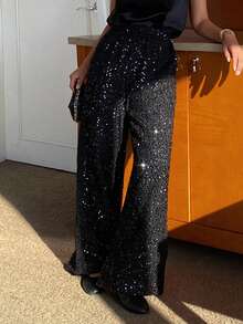 Livesso Shiny Sequin Black Straight Leg Casual Pants, Elegant For New Year, Christmas, Wedding, Party, Fashion Events Carnival - Black - View 5