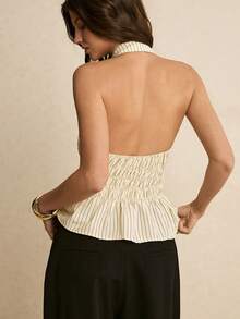 Poéselle 女士条纹单排扣腰部褶皱吊带背心，优雅休闲，适合度假、Y2K风格、黄色等各种场合，夏季、春季皆宜，是女士外出穿着的理想之选。 - 杏色 - 查看 8