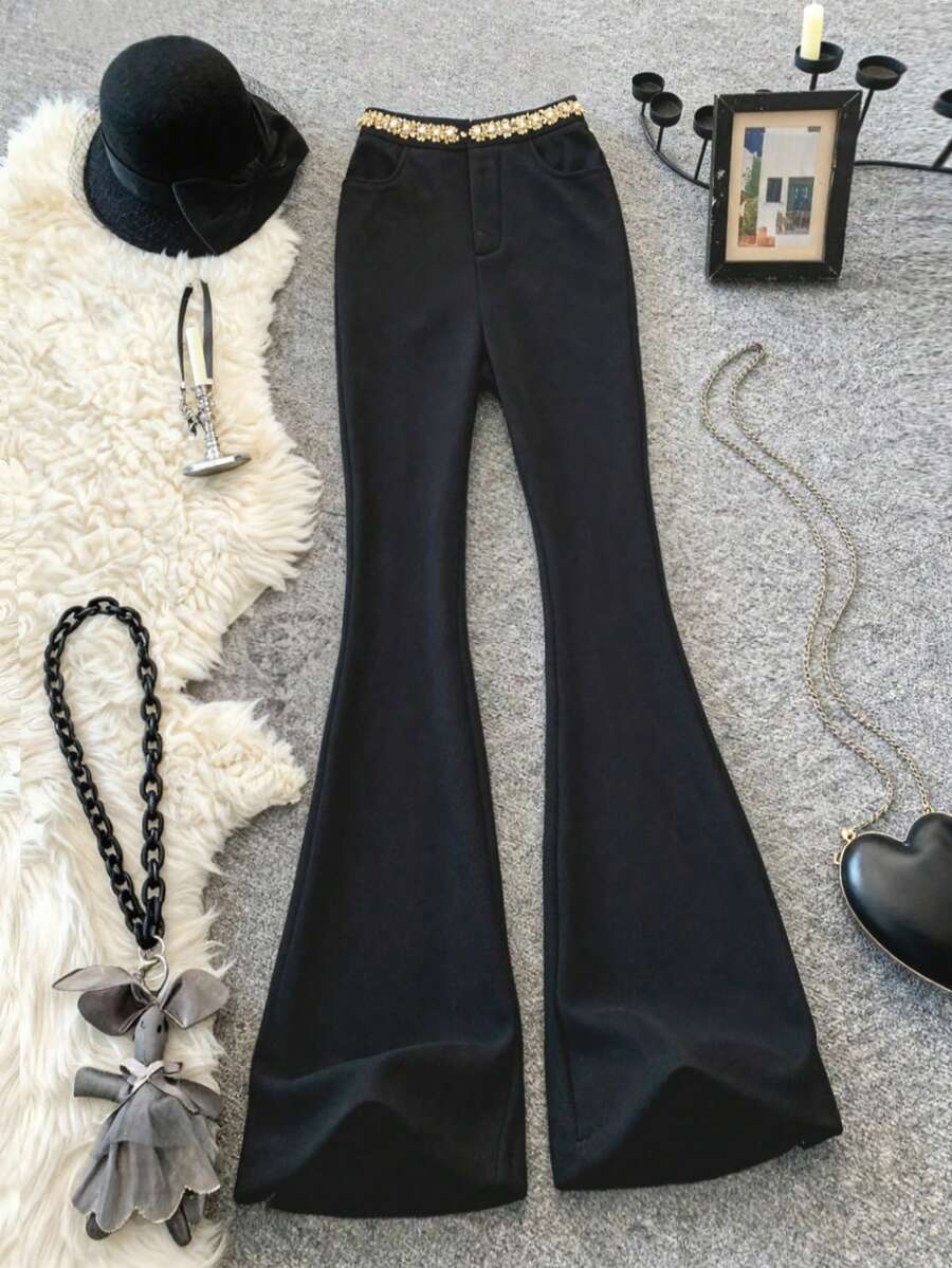 SHEIN Franclia Women's Solid Color High Waist Elegant Flare Pants With Rhinestones Black Flare Pants Flared Pants Bell Bottom Pants Goth Pants Flared Leggings - Black - View 1