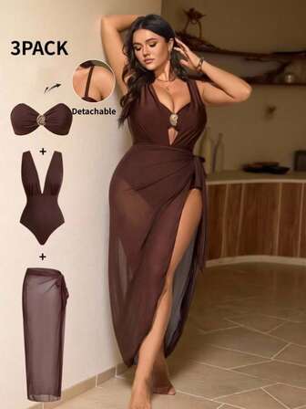 Swim Chiccia Traje de baño de una pieza elegante de talla grande con 3 piezas, decoración de hebilla de metal marrón, se puede usar por separado con atuendos, adecuado para fiestas y vacaciones
