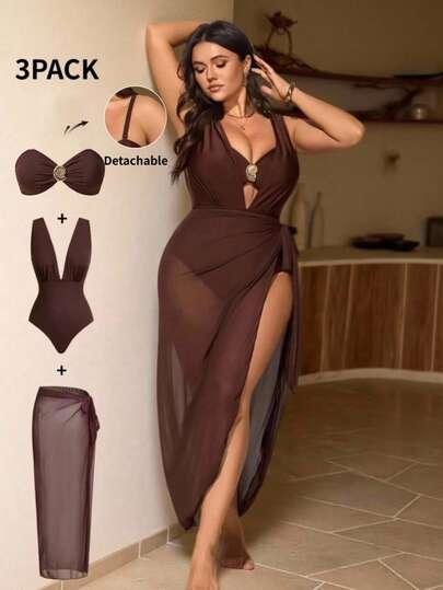 Swim Chiccia Traje de baño de una pieza elegante de talla grande con 3 piezas, decoración de hebilla de metal marrón, se puede usar por separado con atuendos, adecuado para fiestas y vacaciones