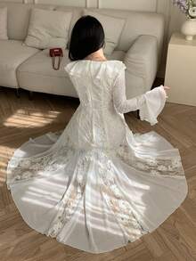 DAZY 女士彼得潘领提花喇叭袖优雅连衣裙，适合派对和吊带裙 - 杏色 - 查看 6