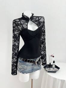 Elamini Women's Summer Elegant Blouse With Stand-Up Collar, Slim-Fitting & Lace Cutout Paneled – Ideal For New Year Party - Black - View 3