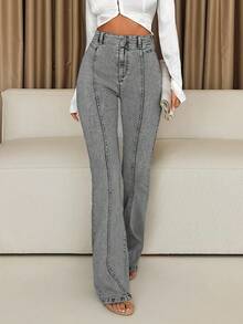 Quần jeans ống loe cạp cao, đường may phía trước, thời trang dạo phố, thường ngày dành cho nữ - Xám - Xem 3
