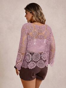 Freevana Áo khoác len cardigan tay dài khoét lỗ cổ chữ V buộc nơ phía trước cỡ lớn - Màu đỏ tím - Xem 2