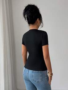 Elenzga Áo thun tay ngắn ôm sát màu đen trơn thanh lịch dành cho nữ, thích hợp cho các bữa tiệc, hẹn hò, đi làm, Giáng sinh, mùa tốt nghiệp, trở lại trường, lễ tốt nghiệp, ngày nhà giáo, giáng sinh, ngày lễ tình nhân, lễ tạ ơn, trở lại trường, áo thun tay ngắn mặc hàng ngày, xuân/hè - màu đen - Xem 2