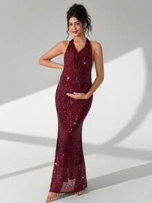 Cheriluna Maternity Váy chụp ảnh bà bầu quyến rũ, màu trơn, đính sequin, hở lưng dành cho bà bầu - Màu Đỏ Sâu - Xem 5