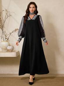 Al Najma New  Women's Geometric Pattern Slit Long Sleeve Elegant Arabic Dress Kaftan Jalabiya Dress - Black - View 6