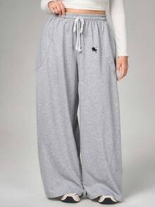 SHEIN Tall CURVE 大码女式街头风外出休闲两件套，弹性腰带，舒适灰色弯腰裤，修身显瘦，秋季女装，高挑两件套，舒适两件套，修身显瘦，高挑女装，秋季女装 - 淺灰色 - 查看 3