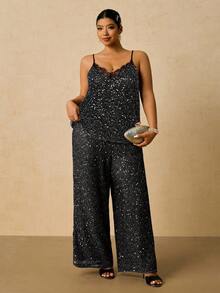 Freevana Plus Size Sequin Lace Patchwork Solid Color Sexy Camisole - Black - View 5