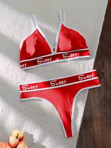 Yoga Women's Letter Tape Bra & Panty Lingerie Set Sports - Red - View 3