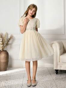 Tween Girls' Elegant Elegant Soft Apricot Puff Sleeve Round Neck Waist Cute Embroidered Floral Belt Decor Fluffy Dress - Apricot - View 3