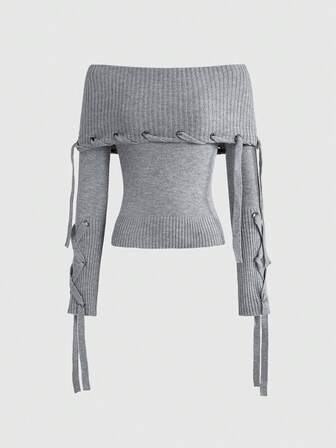 Grunge Punk Pull tricoté gris style Y2K avec design laçage œillets métalliques épaules dénudées