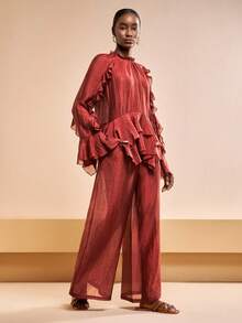 Zivah 2pcs/Set Spring/Summer 2026 New Music Festival/Valentine's Day Date Outfit: Round Neck Long Sleeve Ruffle Hem Top And Pocket Flare Leg Pants