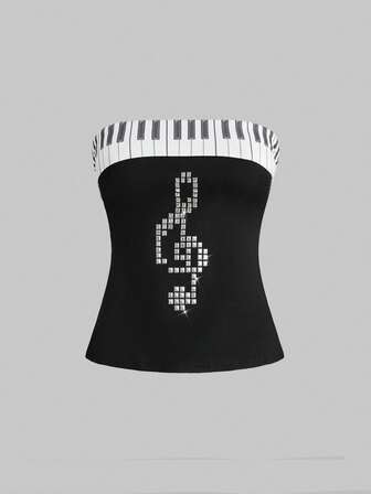 ROMWE Avant Canotta aderente da donna con motivo retrò a tastiera di pianoforte americana, strass e note musicali