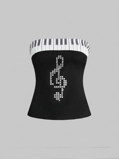 ROMWE Avant Canotta aderente da donna con motivo retrò a tastiera di pianoforte americana, strass e note musicali