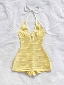 Soleia Women's Casual Vacation New V-Neck Halter Tie Bow Front Hollow Out Contrast Trim Bodycon Ribbed Jumpsuit, Versatile For Party, Date, Afternoon Tea, Beach Yellow Yellow Romper Yellow Bodysuit - Pale Yellow - View 3