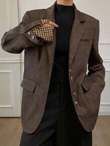 DAZY Blazer casual holgado de mujer con parches de cuadros - Marrón - Ver 3