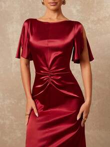 Lumalex Early Satin Sheen V-Neck Ruffle Hem Short Sleeve Gathered Straight Dress For Women Luxury NewYearNewLook QuietLuxe Prom Gathering Party Banquet Modest Old Money Glitter Holiday Party Rave Festival Outing Vacation Hot Outdoor Richly Layered Wedding Season Banquet ID Al-Adha Al-Adha Party New Year Looks Of Party Party Dress For Autumn Rehearsal Dinner Dress Regular Size Women Dress Reception Gown Elegant Dresses For Ladies Special Occasion Women Dress Formal - Red - View 7