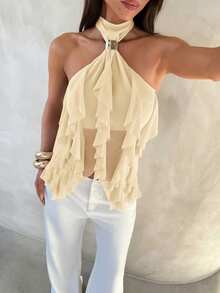 Aloruh Women's Elegant Multi-Layer Ruffle Trim Stand Collar Fitted Tank Top,Tank Top - Beige - View 6