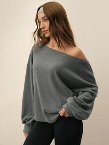 With My Calm 女士秋冬款磨毛超大圆领宽松版型慵懒肩部休闲运动套头卫衣，适合日常穿着、跑步、瑜伽 - 灰色 - 查看 1