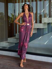 Opulessa Women's Floral Metal Buckle Deep V-Neck Sleeveless Dress, All Season ,Spring Break Outfits, Summer Outfits, Valentine's Day, Beach Dress, Elegant Wedding Guest Dress, Birthday Dress, Casual Dresses, Vacation Outfits, Going Out Top - Purple - View 6