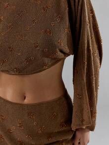 Glamine Women's V-Neck Split Sleeve Cropped Top And Mini Skirt 2 Pieces Set - Brown - View 7