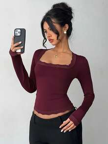 Aloruh Damen Lässig Everyday süßes einfarbiges burgunderrotes Spitzenbesatz Glockenärmel Langarm Figurbetontes T-Shirt, geeignet für Herbst, Winter, Frühling und Sommer - Bordeaux - Übersicht 5