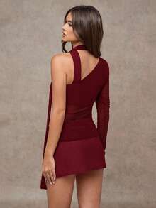 SHEIN BAE 女士时尚优雅纯色修身单肩缎带上衣 - 酒紅色 - 查看 3