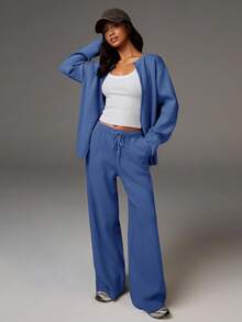 Athîral 休闲时尚百搭舒适宽松抽绳女式毛衣裤阔腿运动裤针织裤喇叭裤女式运动裤阔腿针织裤秋冬款 - 藍色 - 查看 4