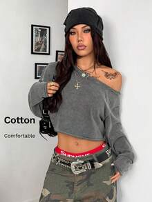 Coolane 男女款冬季/秋季街头服饰 返校风 脏污棉质舒适脏洗黑色超大不对称领口长袖 T 恤 - 灰色 - 查看 1