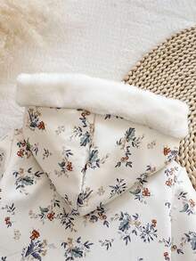 SHEIN Vintaside Kids Baby Girl Floral Print Zip-Up Hooded Padded Warm Coat, Fashionable And Stylish For Winter