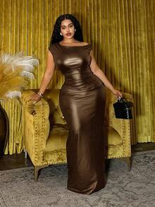 Slaydiva Đầm maxi không tay thời trang mới mùa xuân hè, phù hợp cho tiệc sinh nhật, đi học, mặc hàng ngày, kỳ nghỉ, đi biển, du lịch, phong cách người nổi tiếng, thanh lịch, đi làm, công sở thường ngày, đầm ôm sát một vai gợi cảm bằng da PU màu đen mùa hè, đầm nữ thanh lịch màu nâu cỡ lớn. - màu nâu - Xem 1