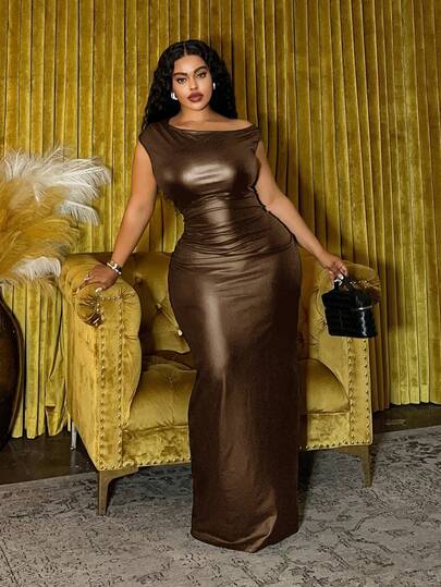 Slaydiva 2025 Spring & Summer New Fashionable Sleeveless Maxi Dress, Suitable For Birthday Party, School, Daily Wear, Vacation, Beach, Travel, Influencer Style, Elegant, Commute, Business Casual, Sexy One-Shoulder Bodycon PU Black Summer Dress, Elegant Ladies Dress Brown Plus Size Dress