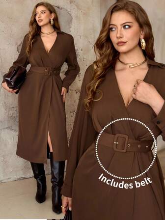 Roveilla Vestido largo de manga larga con cuello de solapa y cintura ceñida para mujer de talla grande, elegante, color marrón, para primavera/otoño