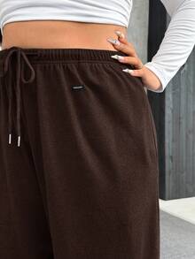 SHEIN EZwear 加大码棕色毛绒保暖舒适休闲抽绳宽松裤 - 棕色 - 查看 6