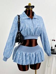 Mistrie 2 sztuki/zestaw Damska bluzka z efektem denimu, perforowana tkanina, zamek błyskawiczny z przodu, marszczony dół i elastyczna talia, mini spódniczka typu bubble