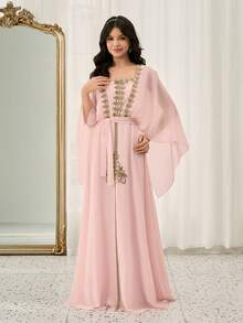 Lace Embroidered A-Line Dress With Shawl Collar, Waist Cinched, Suitable For Weddings, Proms, Birthdays, Parties, Valentine's Day - Pink - View 4