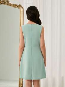 Đầm hai dây màu xanh bạc hà, cổ chữ V không tay, eo cao, dáng chữ A, cổ khoét sâu, thiết kế nơ 3D, thời trang thanh lịch, thích hợp cho các bé gái tuổi teen dự tiệc vũ hội - màu xanh lá - Xem 2