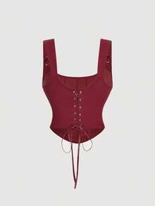 SHEIN MOD 大码女式复古酒红色荷叶边半身裙和酒红色露脐上衣两件套 - 酒紅色 - 查看 8