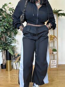 Truni Plus Size Women's Summer Concert Streetwear Going Out Color-Blocked Parachute Pants, Suitable For Autumn And Winter, For Pear Triangle Body Shape - Black - View 3